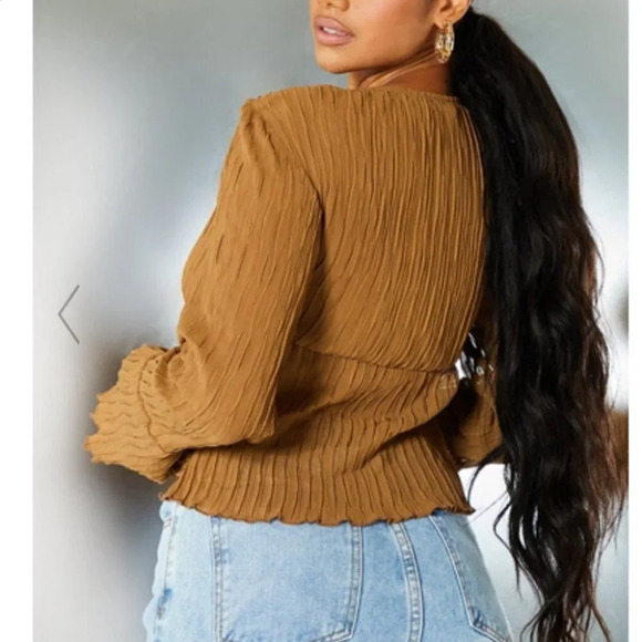 Sheer Plisse Tie Front Flute Sleeve Blouse Small - Picture 3 of 5